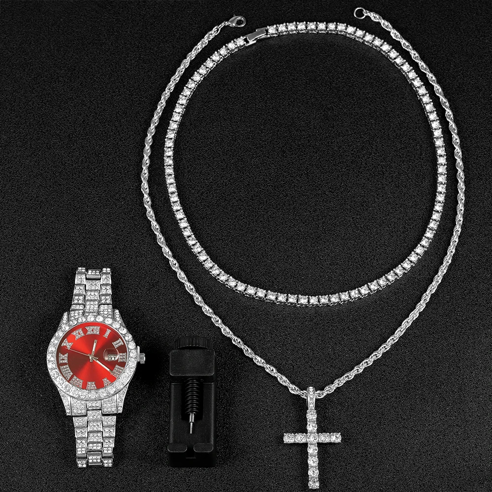 Men Hip-hop Watch Jewelry Gift Set Iced Out Silver Quartz Watch&Cross Pendant Necklace Men Women Street Punk Luxury Party Gift