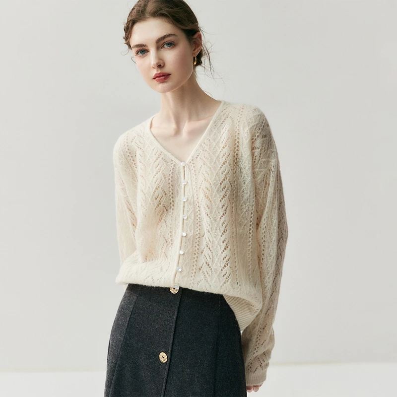 

Новый женский кашемировый кардиган с V-образным вырезом, ажурный, весна-осень, 100% кашемир, высококачественный, мягкий, удобный, вязаный свитер из кашемира