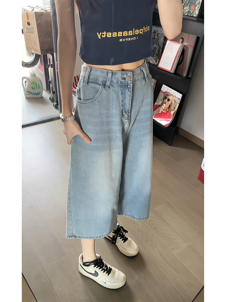 

Pure Color Basic Denim orts Men Summer Loose Straight Leg Wide Leg Seven-Foot Jeans Teenage American High Street Pants