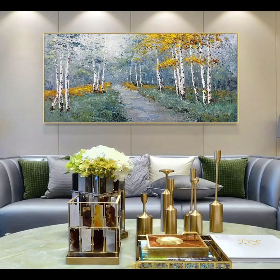 Autumn Birch Forest HandPainted Canvas Art  Yellow Landscape Oil Painting for Home Wall Decor