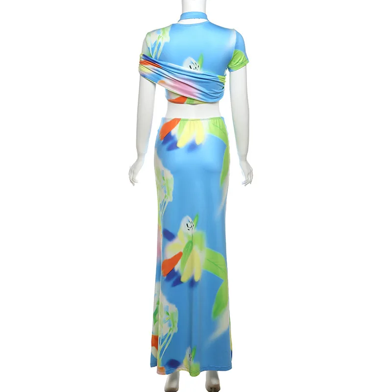 Gtpdplit Set dua potong motif biru, setelan Wanita Atasan pendek dan rok Maxi, Set Co-ord, pakaian Y2K, pakaian pesta elegan berkelas