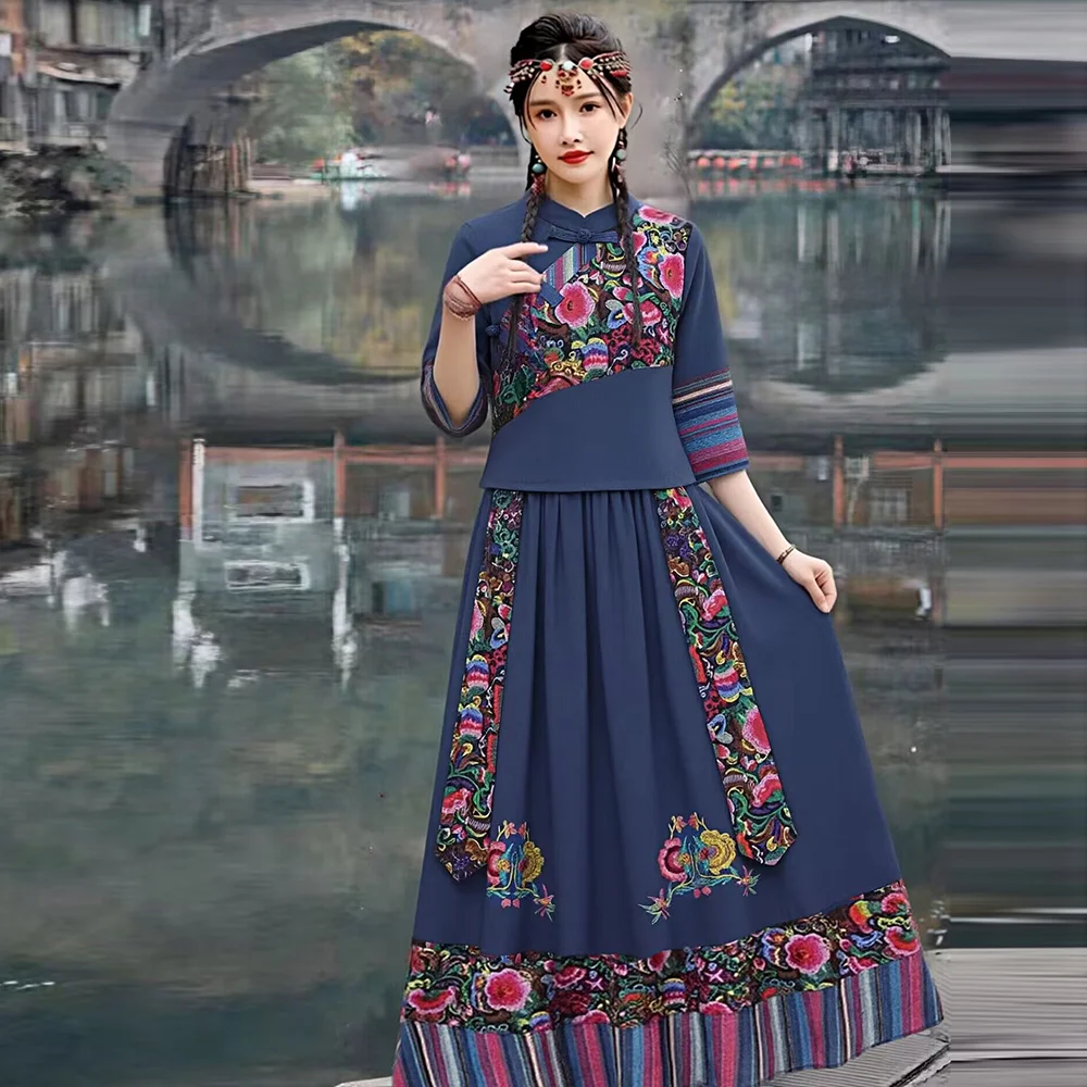 Elegant Ethnic Style Women's Spring Summer Slim Fit Embroidered Half Skirt Dance Suit Square Dancing Ensemble with Stand Collar