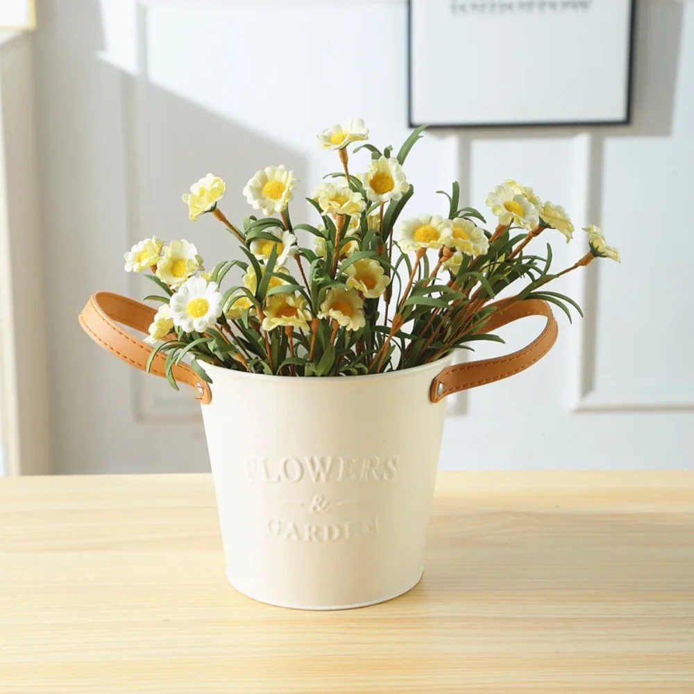 Quality Leather Handle Plant Pots Beige Color Desktop Flower Pot Party Wedding Decoration Iron Storage Basket Home