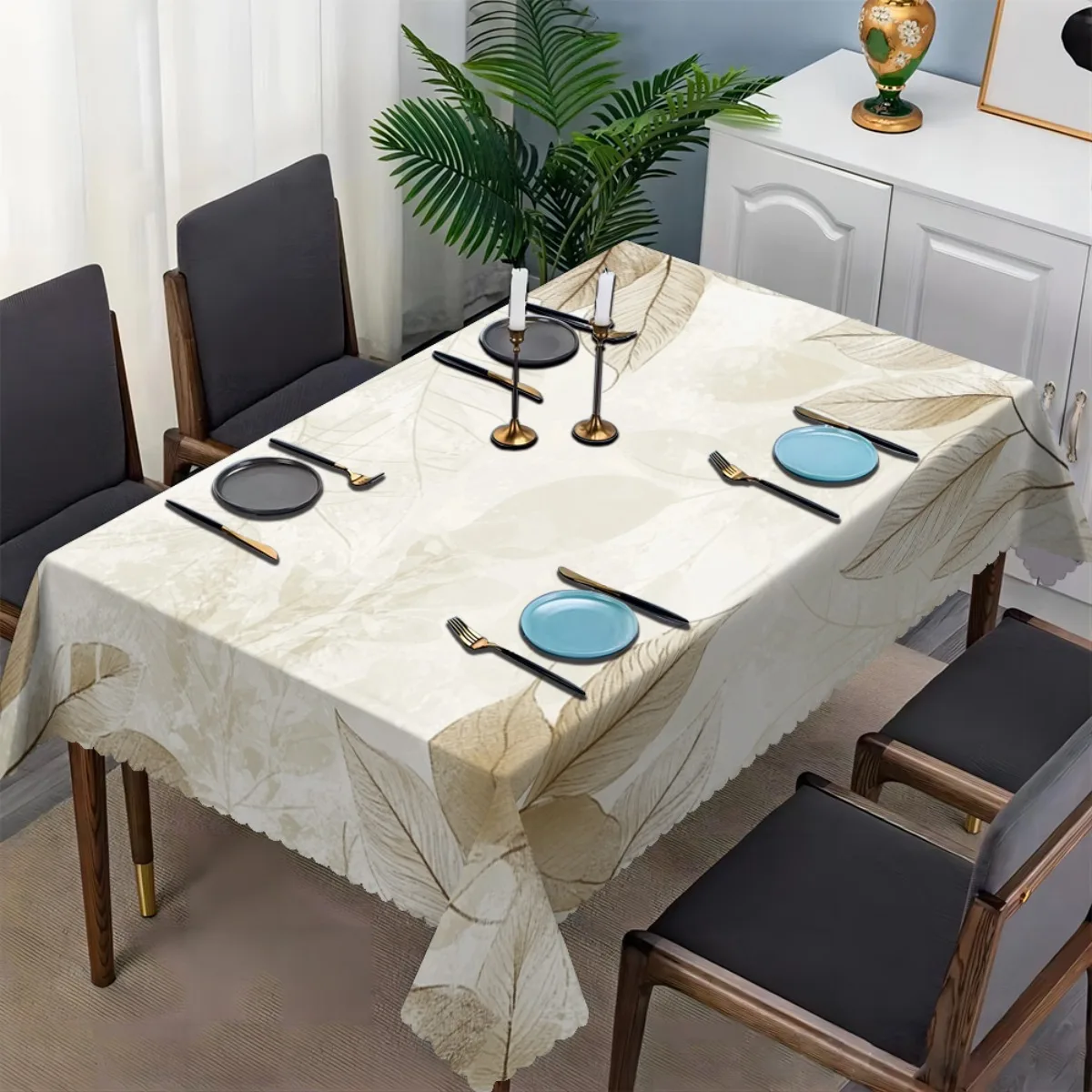 Minimalist Sketch Beige Leaf Print Tablecloth Spill Stain Resistant Wipe Clean Cover For Dining Coffee Kitchen Indoor Table