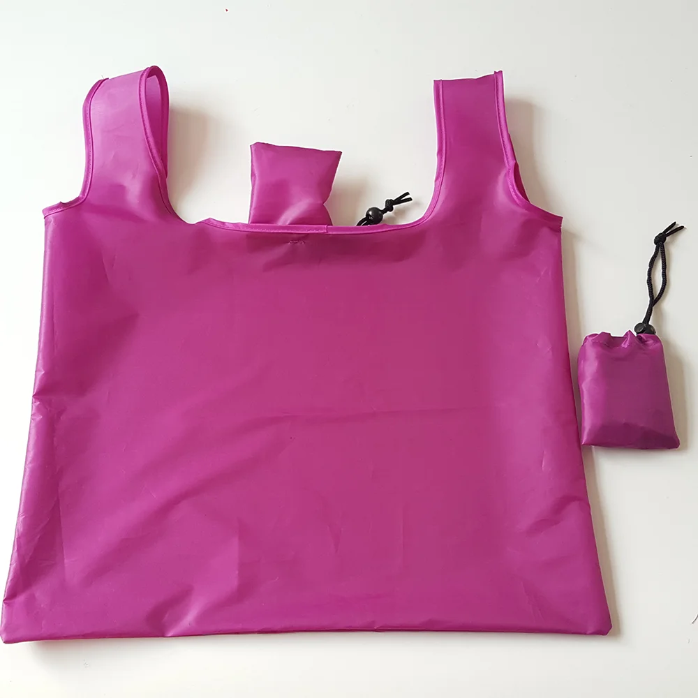 Stylish Vest Style Polyester Folding Shopping Bag Large Capacity Sturdy Storage Tote Bag with Drawstring