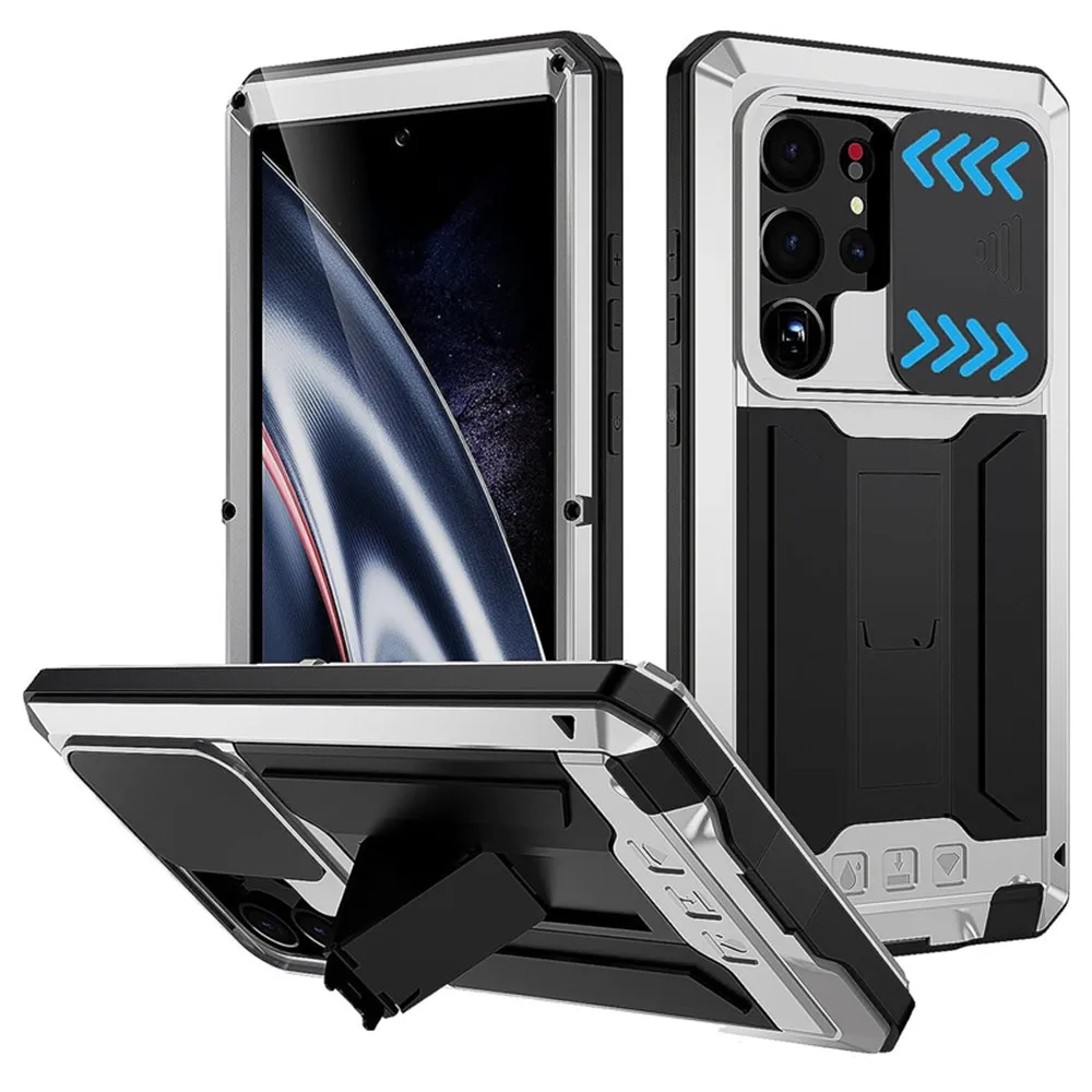 

Heavy Duty Sturdy Metal For Samsung Galaxy S25 Ultra S24 S23 S22Plus Glass Case Shockproof Sliding Lens Cover Built-in Kickstand