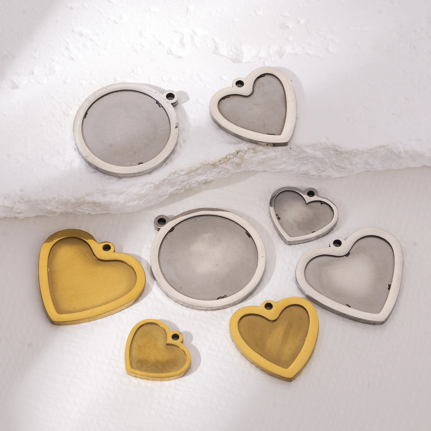 4 Stück/Set Edelstahl Polierte Fotorahmen-Anhänger-Rohlinge Herz Runde Cabochon-Anhänger für DIY-Schmuck – Detail 7