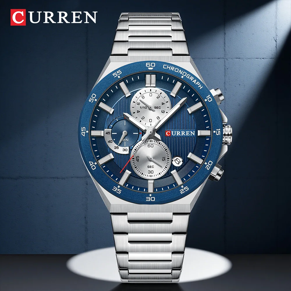 CURREN Men's Chronograph Watch with Stainless Steel Band Modern Luxury Quartz Wristwatch with Luminous Executive Sport Style