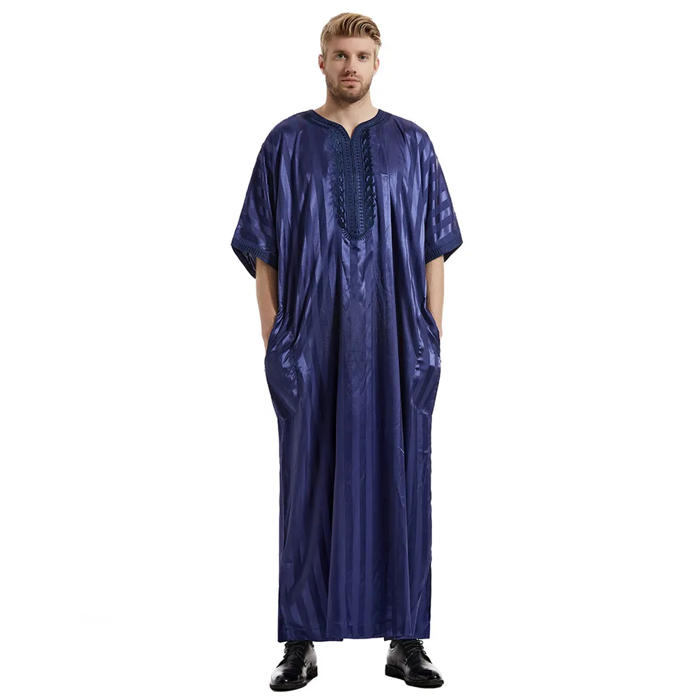 Satin Stripes Ramadan Muslim Dress Abayas Dubai Casual Kaftan Robe Islamic Short Sleeve Jubba Thobe for Mens Middle East Clothes