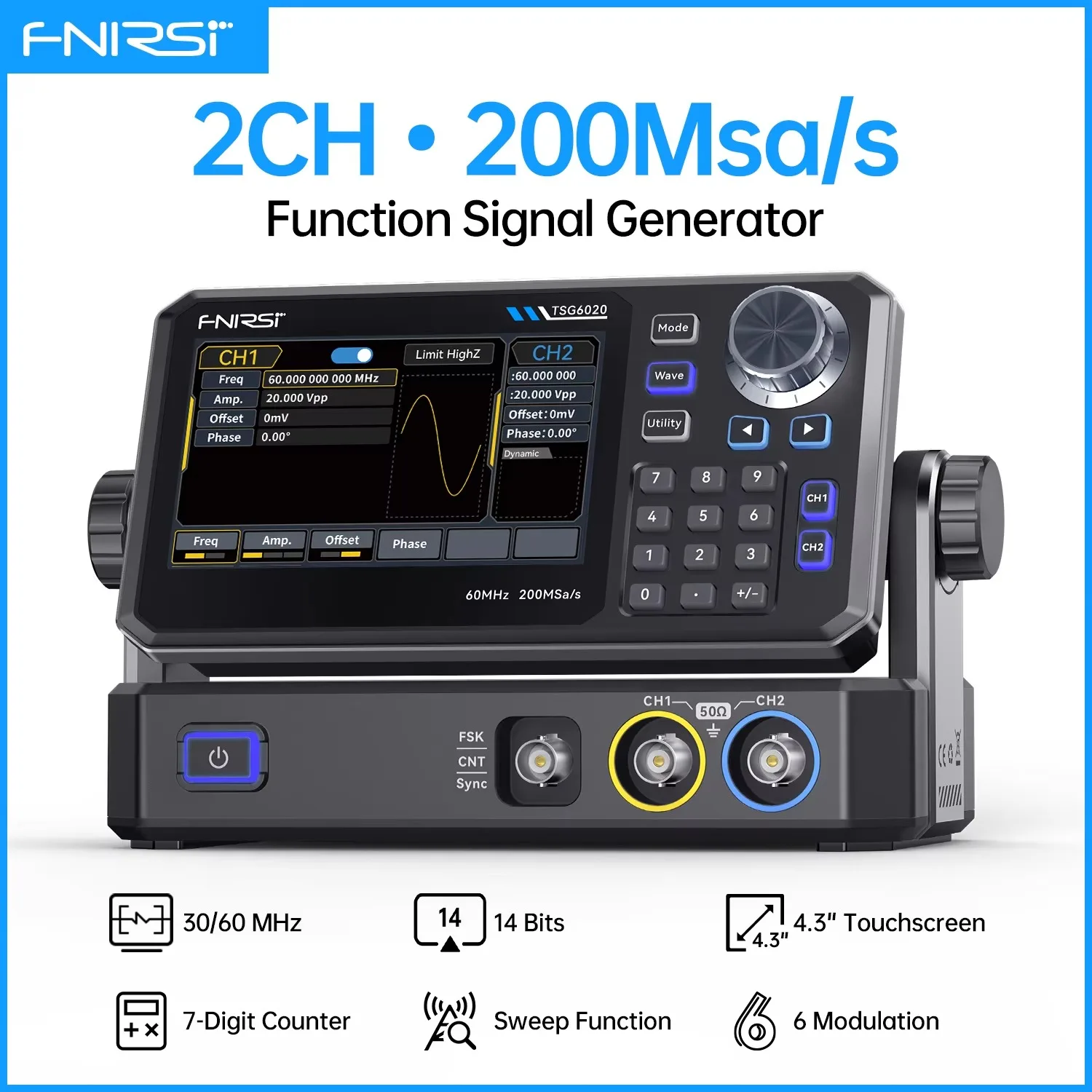 FNIRSI TSG6020 TSG3020 Function Signal Generator 2CH 60MHz 30MHz 200MSa/s 4.3″ Touchscreen for Electrical Repair Testing Tools