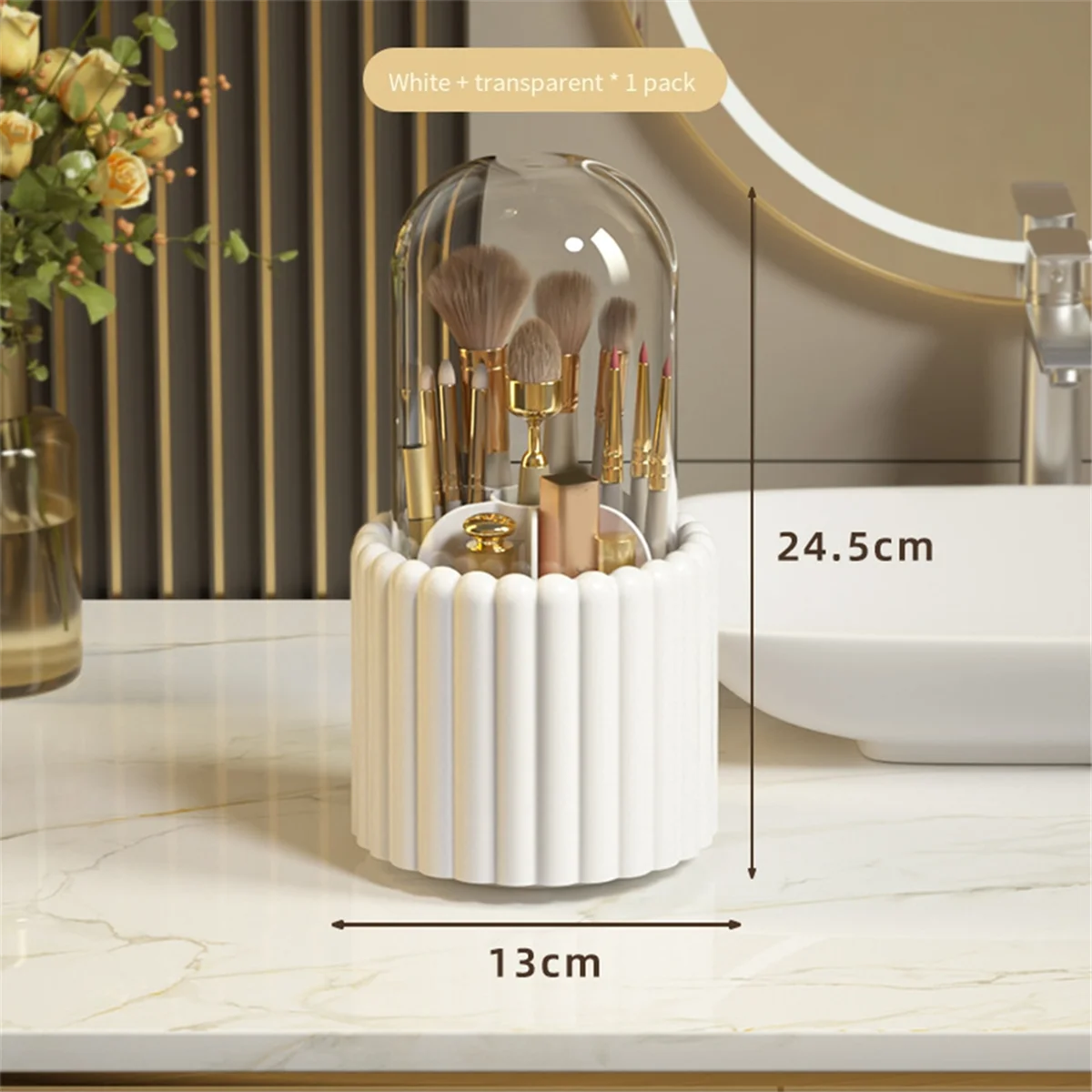 Makeup Brush Organizer, 360 Degree Rotatable Round Spinning Makeup Brush Holder with Lid Brush Storage Box Containers B