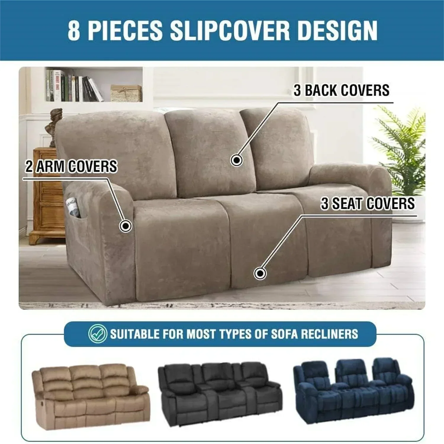 3-Seater Velvet Stretch Recliner Sofa Covers Slipcover M Size & L Size Sofa Couch Cover Plush Recliner Protector 8-Piece