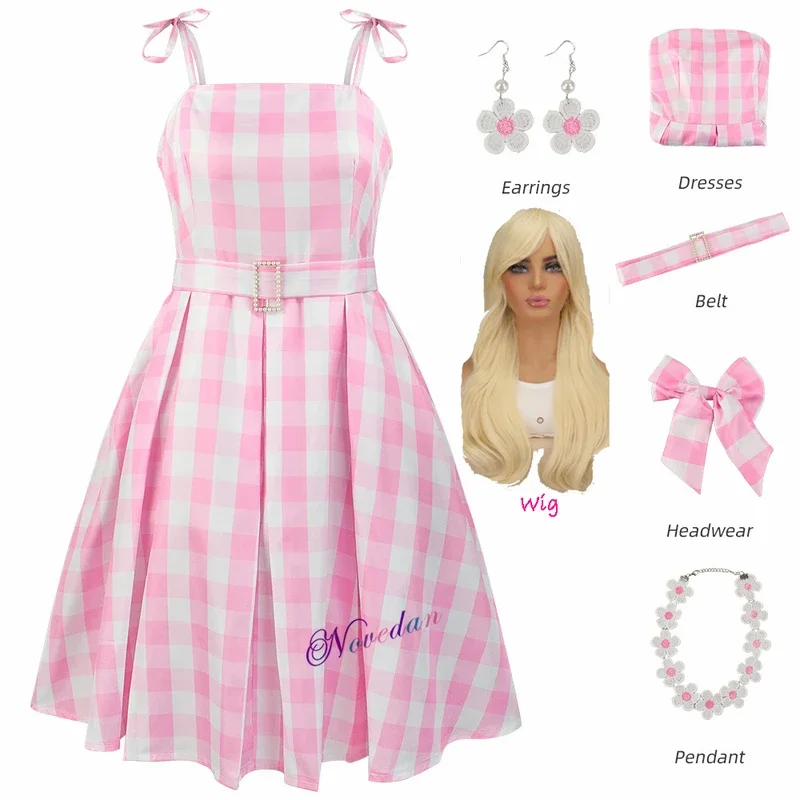 2023 Movie Barbi Costume Women Kids Girls Pink Princess Plaid Dress Margot Robbie Cosplay Clothes Wig Halloween Party Costume