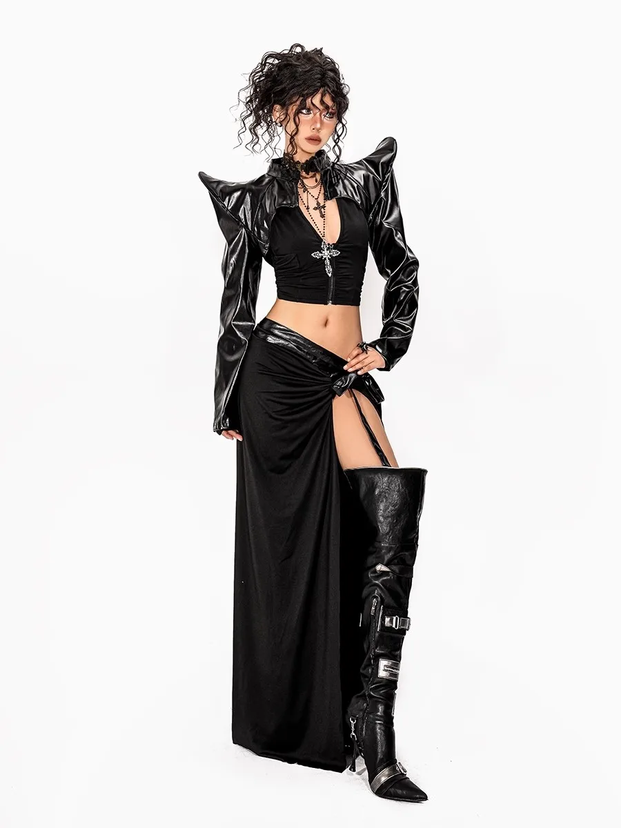 سترة نسائية من الجلد الصناعي من REDDACHiC سترة مقصوصة لراكبي الدراجات النارية باللون الأسود الصلب بأكمام طويلة معطف منفوخ ملابس خروج Emo Alt