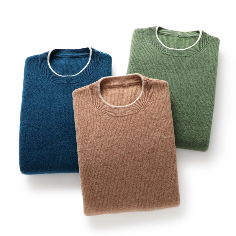 Men\'s Autumn Winter New Pure Woolen Sweater Round Neck Colored Long Sleeve Business Casual Knitting Fashion Solid Color Underlay