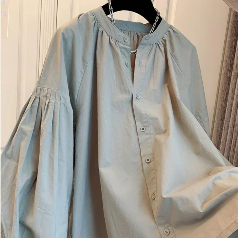 Oversized Vintage Blouses Puff Sleeve Solid Color Button Cardigan Shirts Spring Casual Loose French Elegant All Match Women Tops