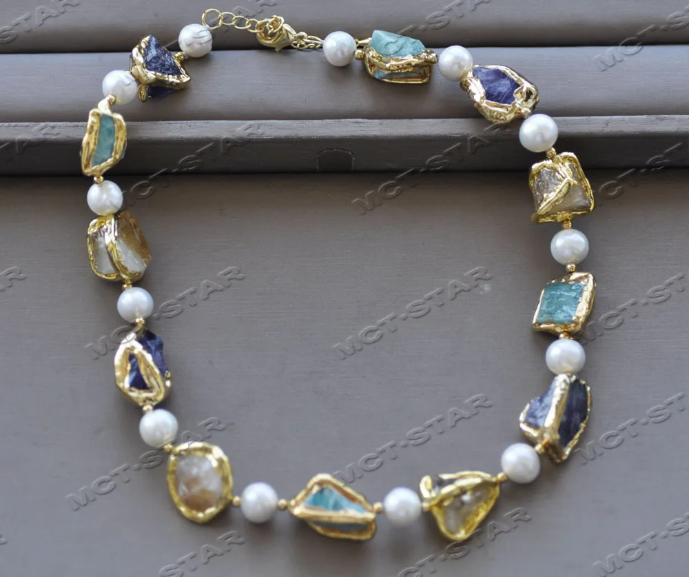 Z12244 Set 22mm Baroque Citrine Amethyst Aquamarine Gold-Plated White Pearl Necklace Bracelet Earring