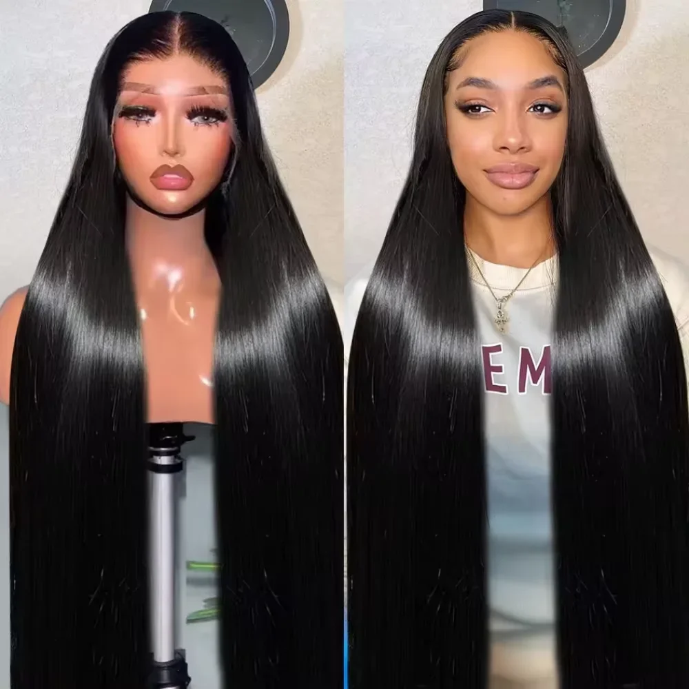 

100% Human Hair 46 Long Inch Straight Wigs 13x6 HD Lace Frontal Wig 200 Density Pre Plucked Natural Black Colored Wigs For Women