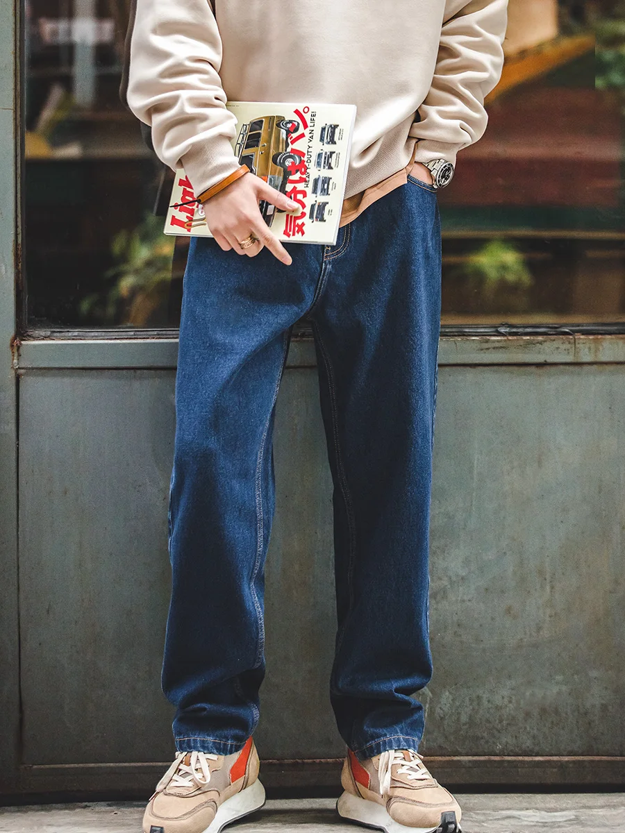 

Deep Blue Denim Wide Leg Dad Jeans Men's Loose Straight Cut Casual Washed Outfit Autumn Season Comfortable Fit Jeans