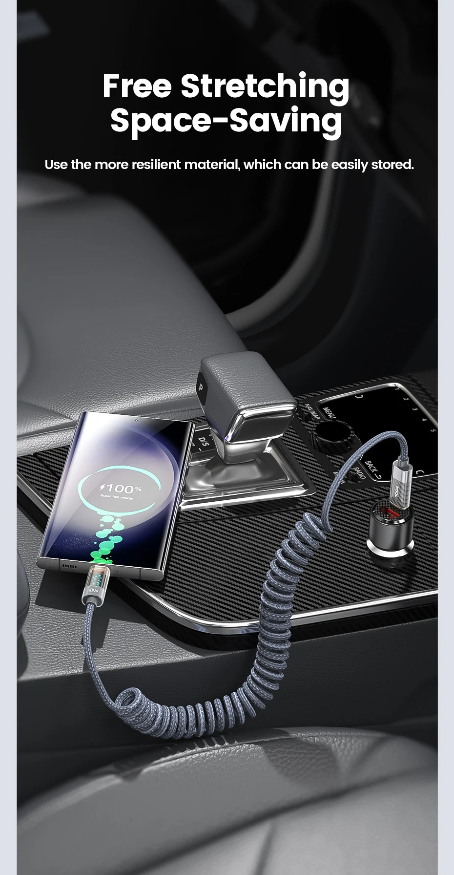 Toocki Coiled USB Type C Lightning Cable Digital Display Spring 100W Fast Charing Type C Charger Cord for Mobile Phones Laptops