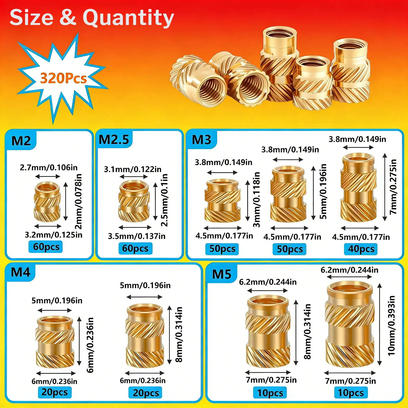320Pcs M2 M2.5 M3 M4 M5 Brass Heat Insert Nut Kit Metric Knurled Threaded Assortment + Install Tool for Plastic 3D Printing