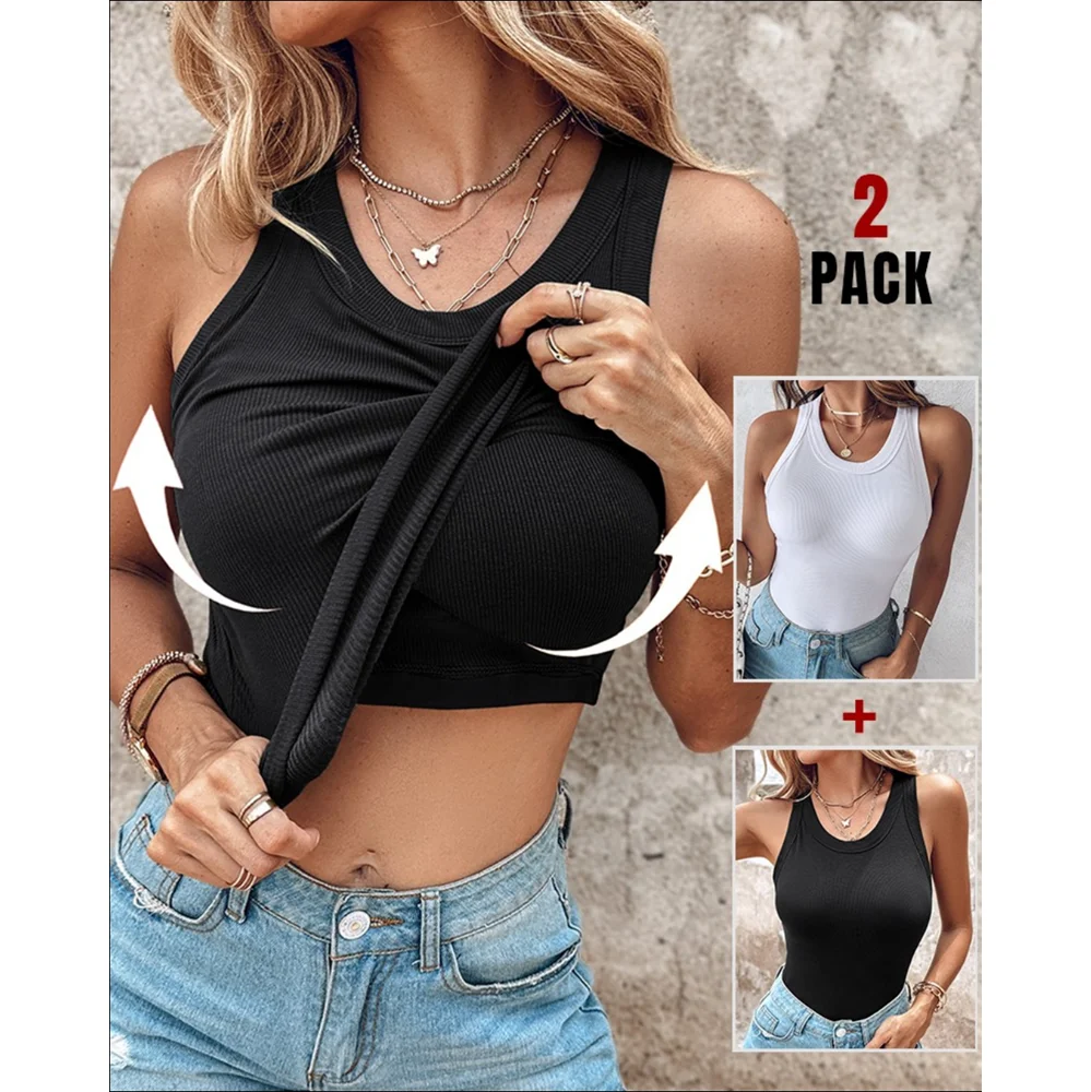 

2025 Summer New U-Neck Built-in Bra 2 Piece Athletic Tank Tops for Women Ribbed Tank Top