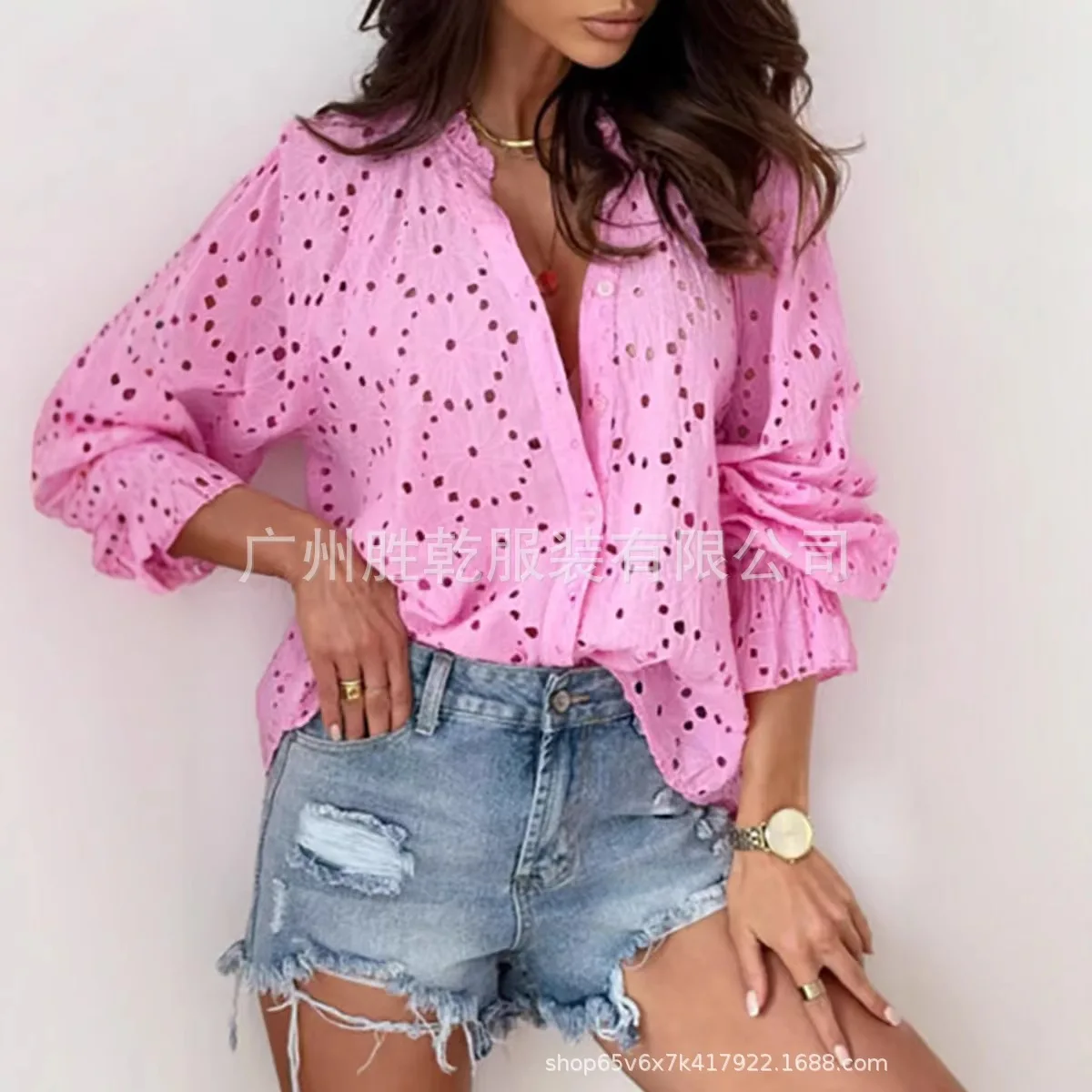 

Spring Summer Women Blouse Casual Hollow Out Long Sleeve Button Down Shirts Tops