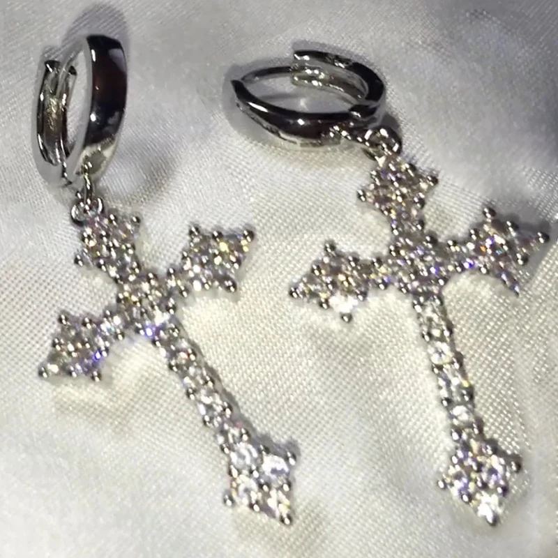 Silver Color Y2K Cross Drop Earring Shiny Crystal Stone Cross Dangle Earrings Fashion Sparkling Girls Earring Jewelry