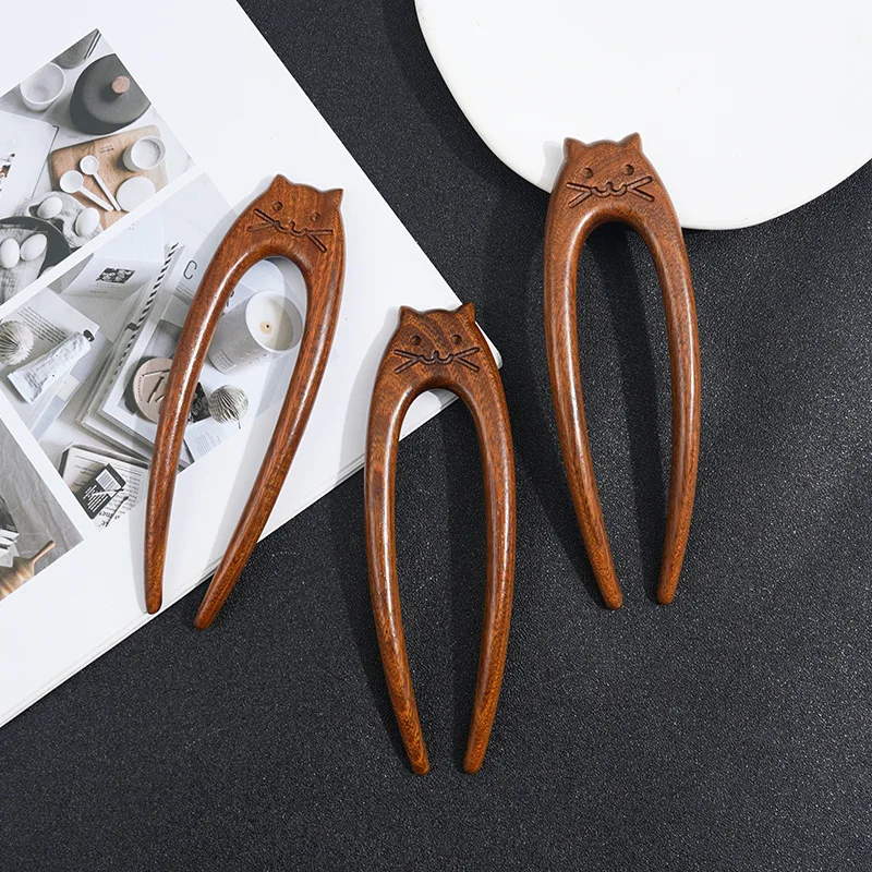 Wood Wooden Hair Stick U-Shaped Hair Fork Cat Butterfly Chinese Style Fashion Hairpin Buns Rabbit Headwear Girl Hair Accessories image 5