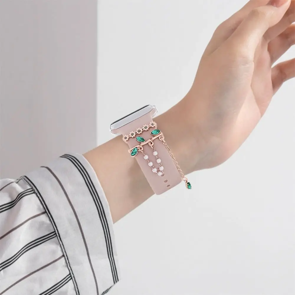 خاتم مزخرف باللؤلؤ الماسي لساعة أبل ، حزام سلسلة مزخرف ، زخرفة إبداعية ، إكسسوارات سوار