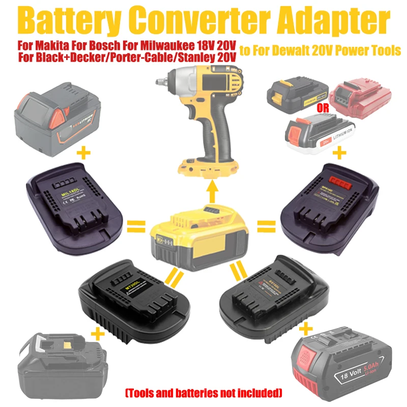 Battery Adapter for Makita/Bosch/Milwaukee 18V & for Black+Decker/Porter-Cable/Stanley 20V To Fit for Dewalt 18V 20V Power Tools