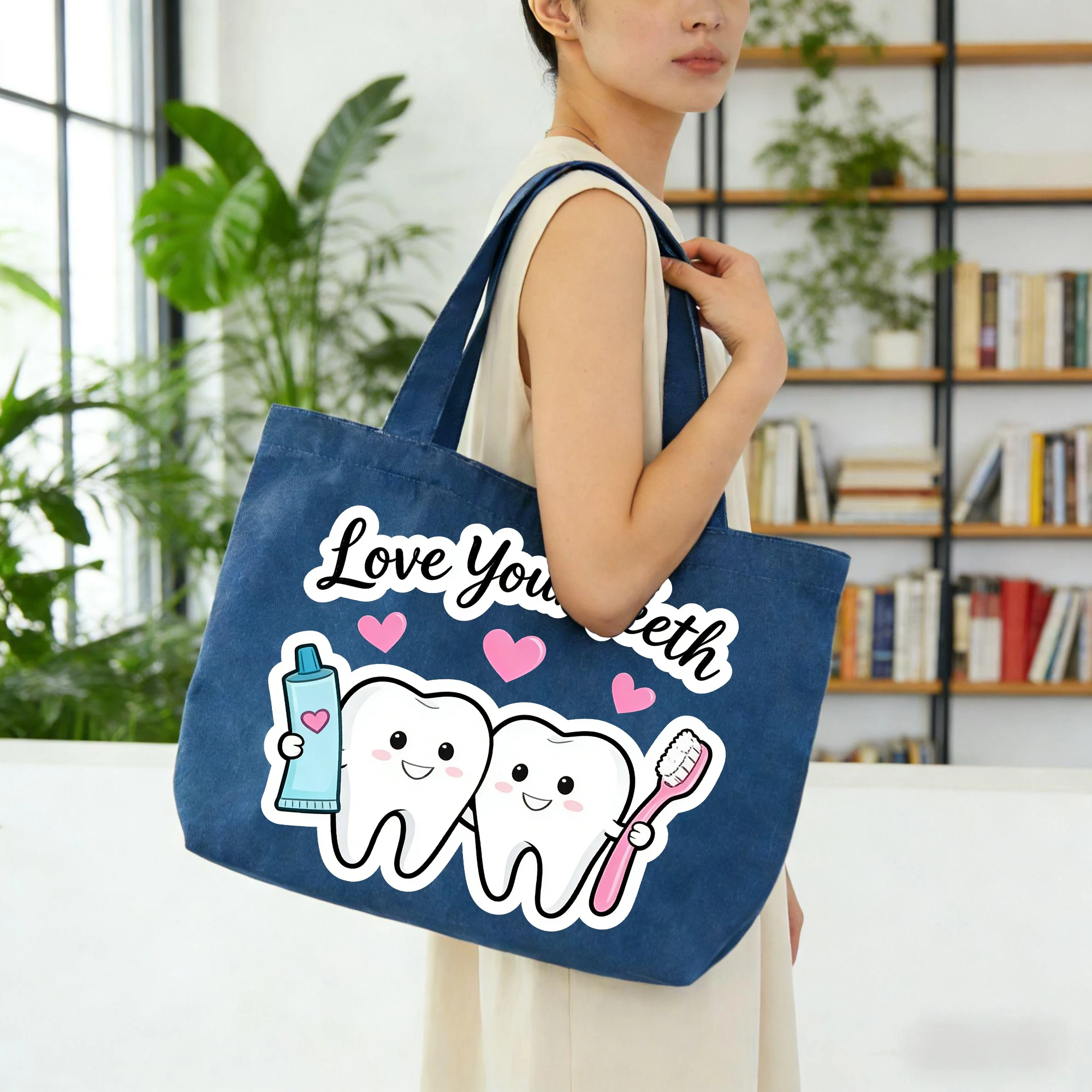 

1Pc World Teeth Day Theme Cowboy Handheld Eco friendly Bag Large Capacity Simple Shoulder Bag Daily Portable Shopping Bag