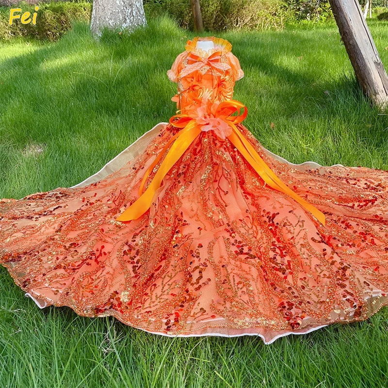 

Luxury Orange Sequin Beaded Embroidery Lace Long Tail Dress for Small Medium Dogs Handmade Puppy Clothes with Fine Details