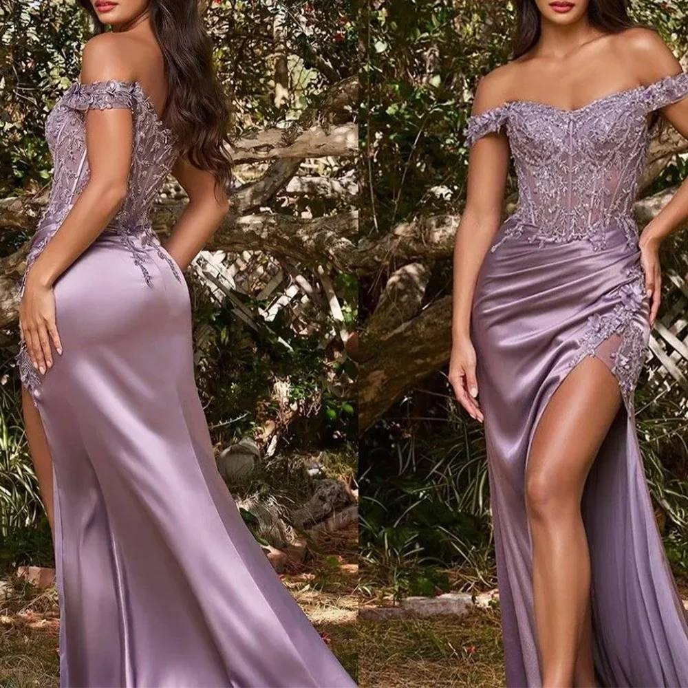 

Purple Beading Mermaid Elegant Evening Dresses Party Prom Gowns Appliques Off-Shoulder Evening Prom Dresses Customized
