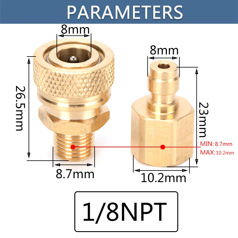 Recarga de aire de cobre M10x1, conector de enchufe hembra 1/8NPT macho, acoplador de desconexión rápida, ajuste 1/8bspp, 2 unids/set