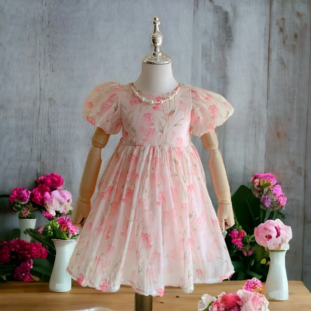 Summer Baby Girls Pink Princess Dresses Kids Outfits Flower Clothes Short Sleeve Dress Kids Party Costumes 6 8 9 10 11 13 Years