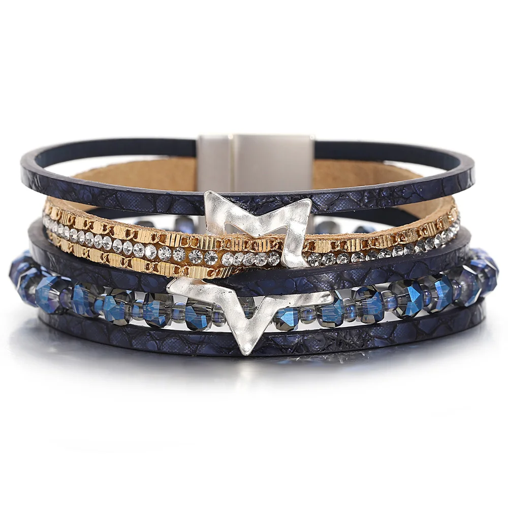 ALLYES Fashion Hollow Star Snake Skin Leather Bracelet for Women Charm Crystal Beads Chain Multilayer Wrap Bracelet Jewelry Gift