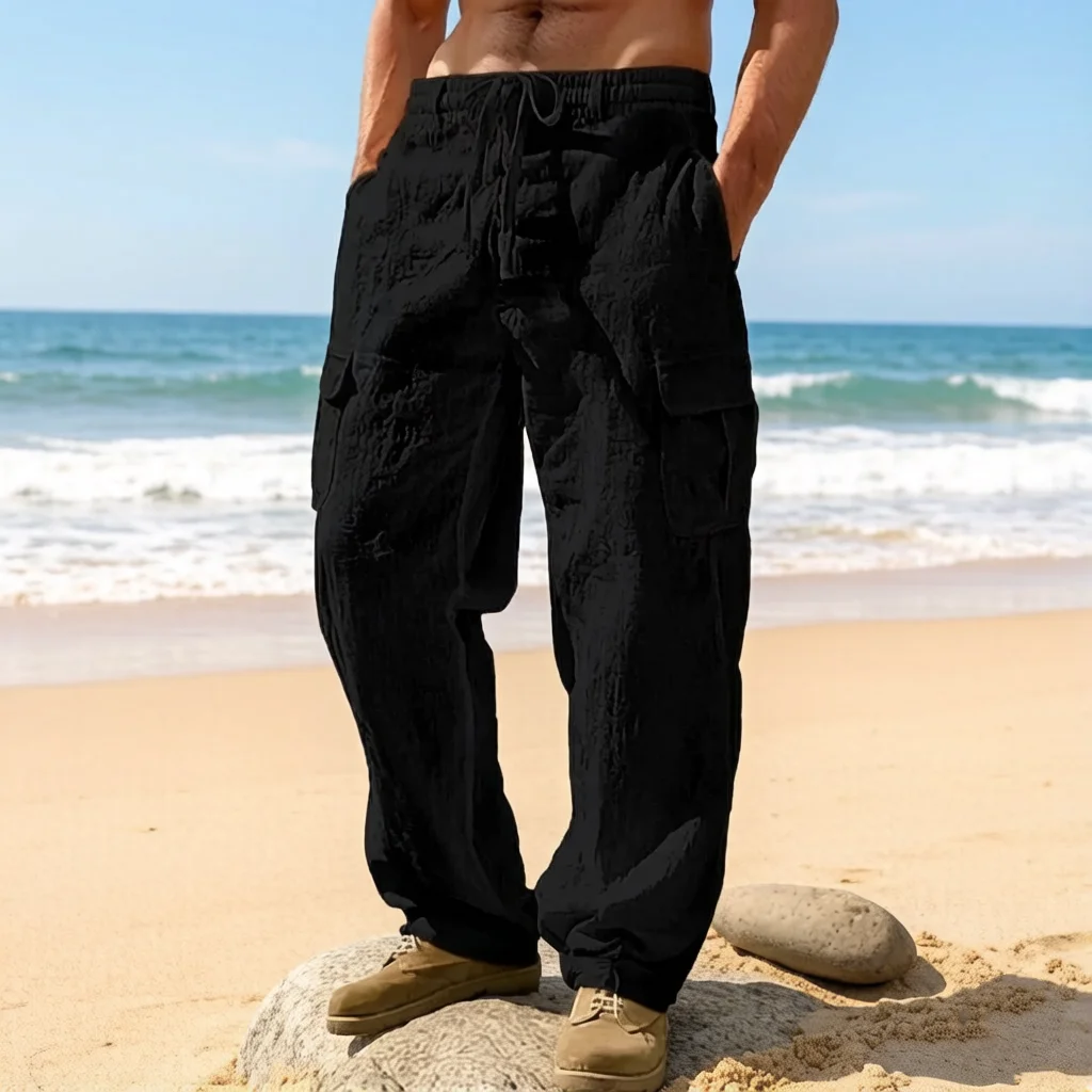 Men's Casual Trousers Loose Comfortable cargo pants Pants Man Cotton Linen multi-pocket Straight trousers Beach thin men Pants view 6