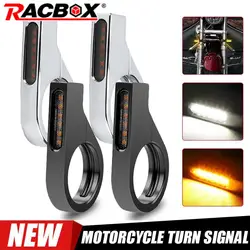 Motocicleta LED Turn Signal Light, âmbar, branco lâmpada, garfo tubos, braçadeira indicadora, Blinker Light, apto para Honda, Suzuki, Yamaha, 39 milímetros-41 milímetros