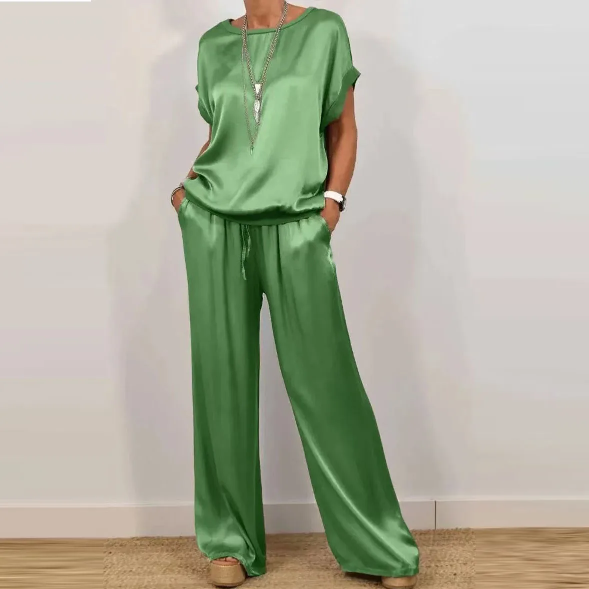 

Summer Satin Two Piece Set For Women V Neck Bat Sleeve Top Casual Loose Lace Up Wide-leg Pants 2 Piece Suit Home Outfits Women