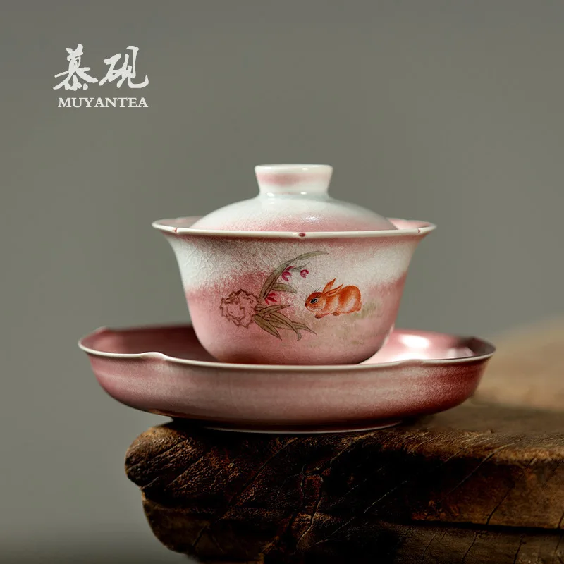 Mu Yan Ceramics Kiln-Turned Three-Talents Gaiwan Cup, Handmade Hand-Painted Rabbit Gaiwan, Creative Kung Fu Tea Bowl