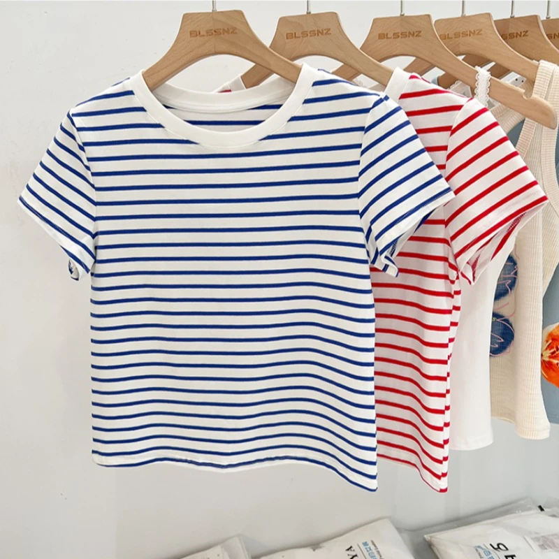 Casual Versatile Color Block Tee Striped Short Sleeve Women's T-Shirt 2026 Summer New Arrival Cotton Slim Fit Fashion Tops