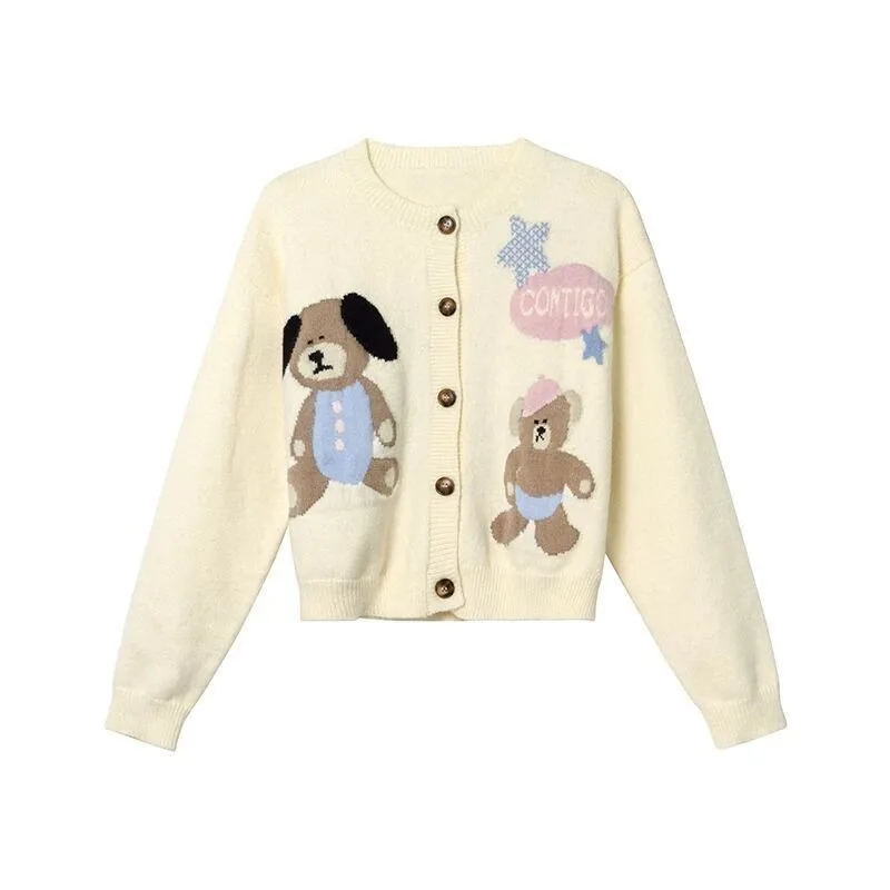 Korean Style Cute Sweet Cartoon Bear Knitted Autumn Short Casual Versatile Long-sleeved Crew Neck Sweater Cardigan