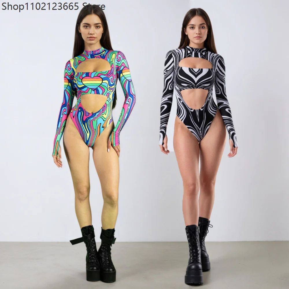 

Women's Sexy Jumpsuit Rainbow Graffiti Leggings Open-heart Leotard Cutout Carnival Party Rave Outfit Cosplay Gothic Swimwear