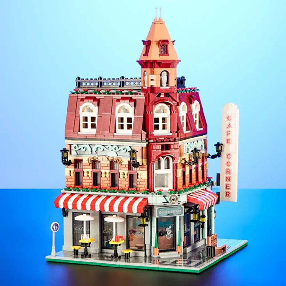 1950PCS Lighting Cafe Corner Street House Modular City Streetview with LED Set Model Buildings Mini-Micro-Block Bricks Gift