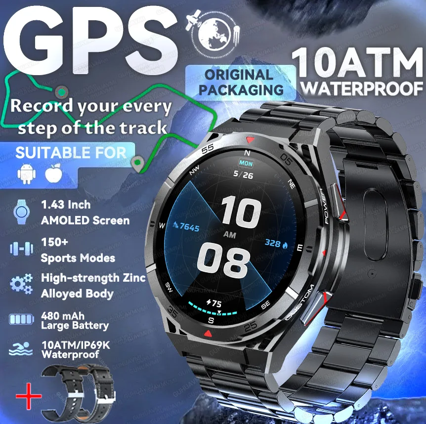2025 GUHUAVMI GPS Professionelle Outdoor-Übungs-Smartwatch 1,45 Zoll Ultra HD integrierter GPS-Kompass BT-Anrufe 480 mAh Gesundheitstestuhr 6