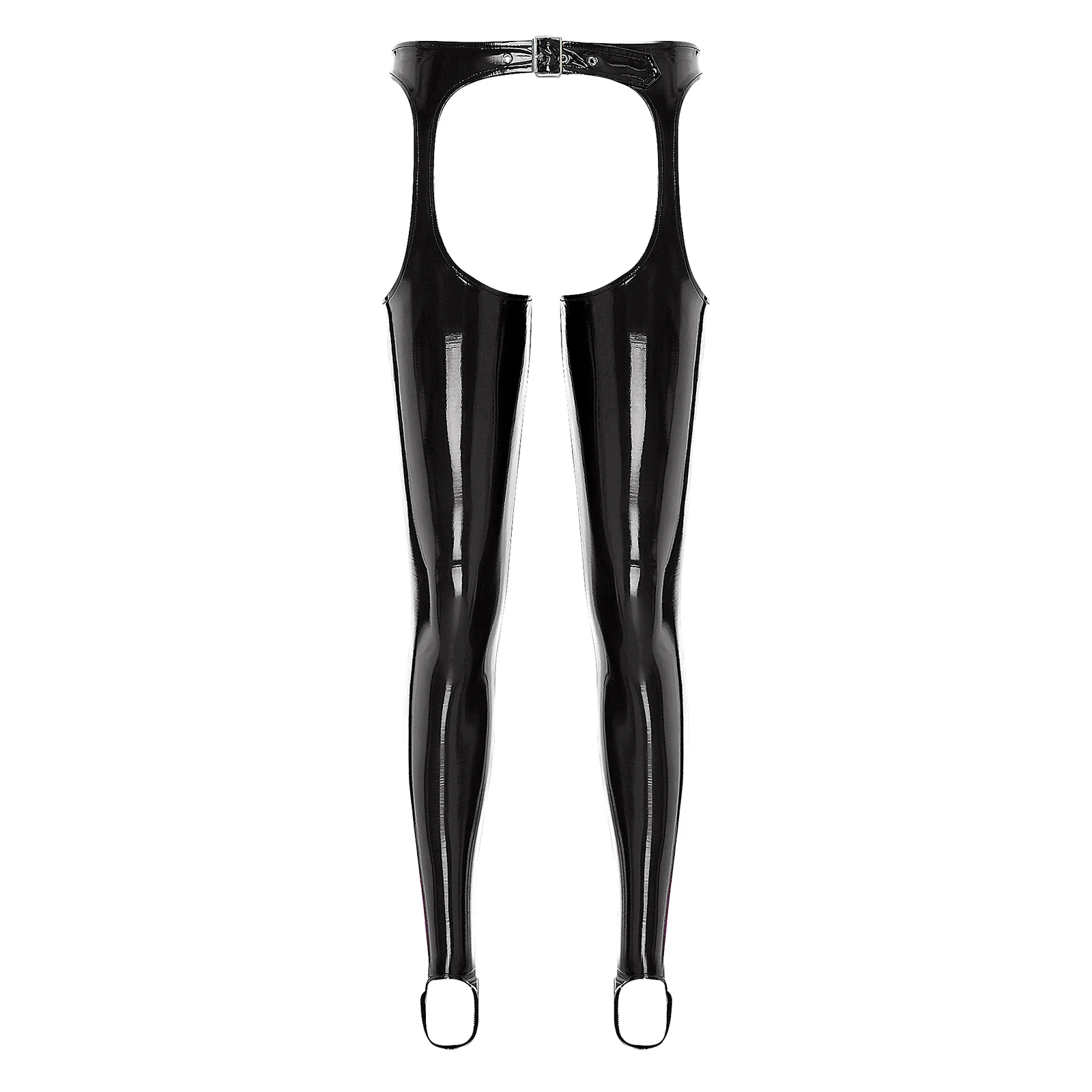 Women Patent Leather Chaps Pants Sexy Clubwear Buckle Waist Open Crotch Butt Thigh Leggings Cutout Skinny Pants Erotic Underwear