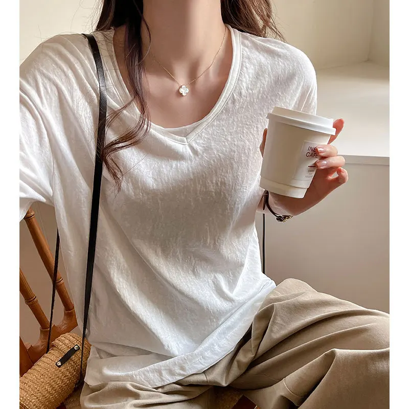 

Snowflake cotton short-sleeved t-shirt women's Korean version loose lazy style white front shoulder v-neck solid color bottoming