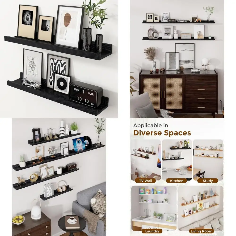 

Set of 2, 24 Solid Oak Wall Shelves - Black, Floating Ledge for Home Decor and Storage