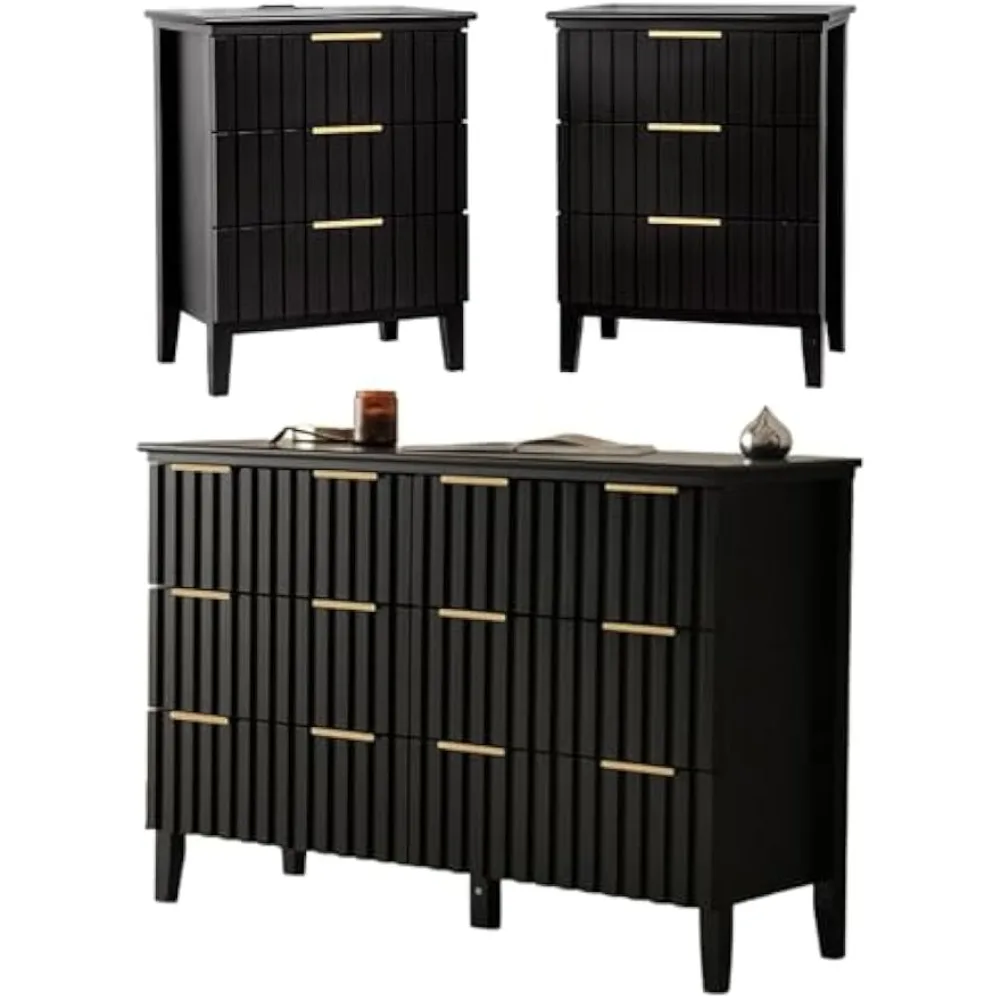 

modern fluted bedroom furniture set with 6-drawer dresser and 2 nightstands, made of mdf wood, gold handles, black finish